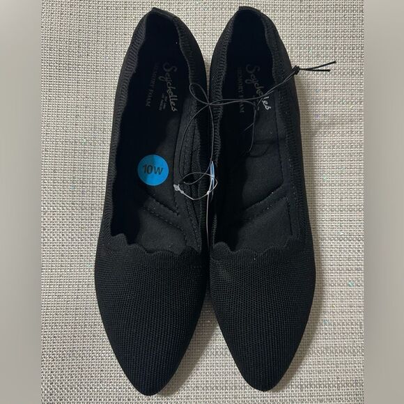 Seychelles 10W Black Solid Pointy Scalloped Squared Knit Memory Foam Flats - Picture 1 of 8